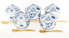 美濃焼 唐草丸紋 蒸し碗揃 バラエティセット 茶碗蒸し 5客セット 竹スプーン付 和食器 食器 陶器プレゼント ギフト 贈リ物 祝 お祝い 記念品