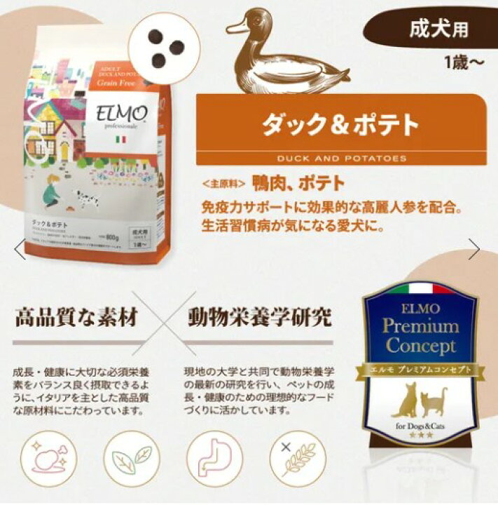 楽天市場】ELMO エルモ プロフェッショナーレダック&ポテト800g ドライ 
