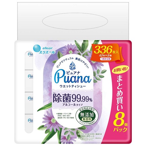 <br>(送料無料)(まとめ買い・ケース販売)エリエール ピュアナ（Puana）除菌99.99% ウェットティシュー アルコールタイプ つめかえ用（42枚×8パック）（4個セット）  大王製紙