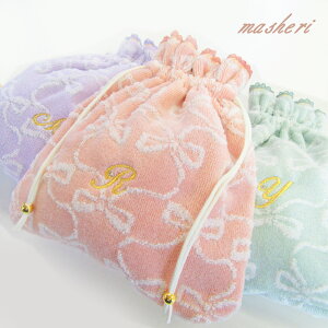 【2枚までネコポス便可】マシェリ イニシャルタオル巾着ポーチ カワイイ 大人 女性 レディース 花柄 レース 化粧 メイク 旅行 かばん バッグ 小物入れお礼・お返し・お祝い・誕生日・記念