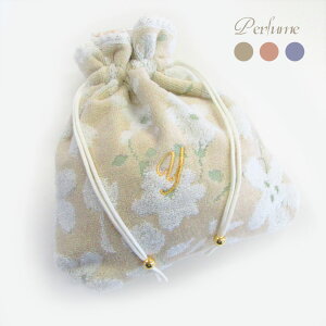 【2枚までネコポス便可】パルファン イニシャルタオル巾着ポーチ カワイイ 大人 女性 レディース 花柄 レース 化粧 メイク 旅行 かばん バッグ 小物入れお礼・お返し・お祝い・誕生日・記