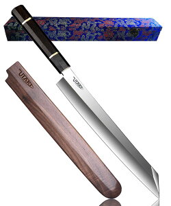 Utaki 刺身包丁(切付) 柳刃包丁 刃渡り270mm クルミの天然木鞘とのセット! ダンボク木、牛角と白銅の八角形ハンドル