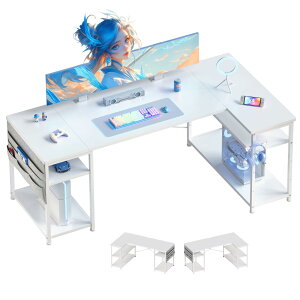 YeTom l字デスク ゲーミングデスク デスク 幅150cm pcデスク コーナーデスク 棚板高さ調節可能 収納袋付き L字型 PC 勉強机 作業 在宅勤務 リモートワーク ゲーム 書斎 収納ラック付き 白い