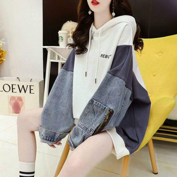 楽天市場】デニム切り替え ロングパーカー ビッグシルエット パーカー  