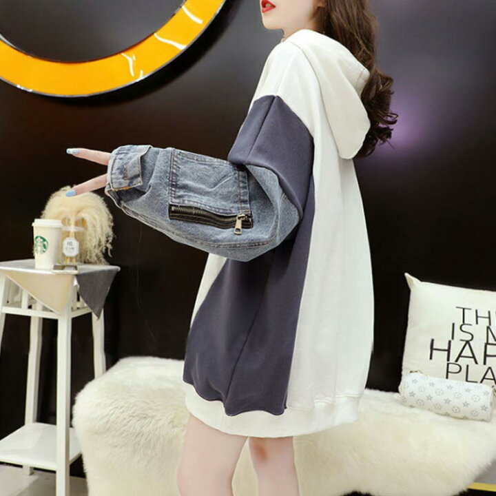 楽天市場】デニム切り替え ロングパーカー ビッグシルエット パーカー  