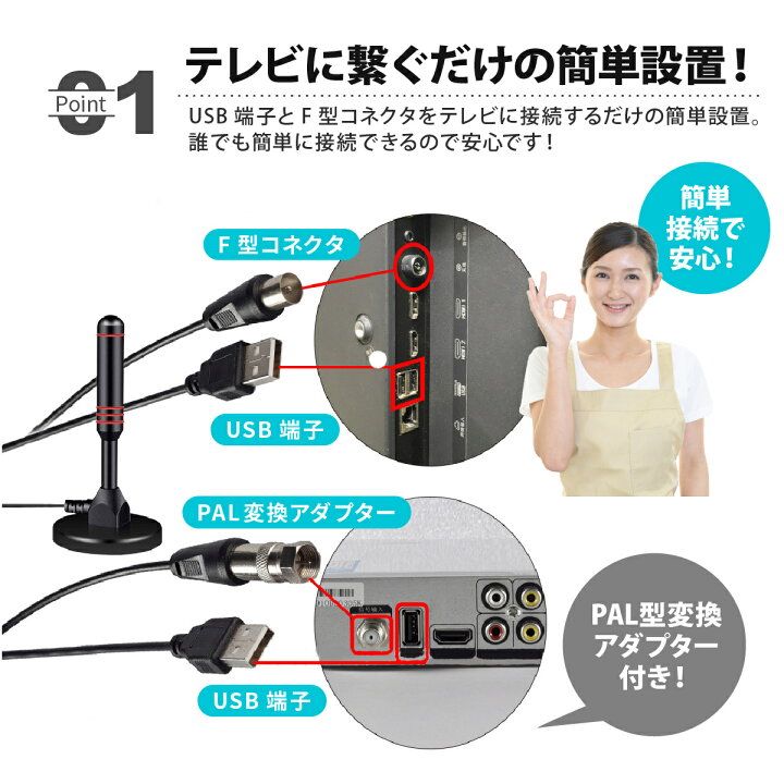 楽天市場 送料無料 室内アンテナ テレビアンテナ ポータブル アンテナケーブル 5m 4k ワンセグ フルセグ 地上波 地デジ専用 1km受信範囲 ブースター テレビ スマホ タブレット カーナビ 車載 Usb 75w 30dbi Pal型 変換アダプター F型 Usb端子 暮らしの雑貨ストア