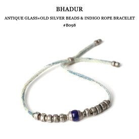 BHADUR バハドゥール アンティークビーズブレスレット フリーサイズ ANTIQUE GLASS×OLD SILVER BEADS＆INDIGO ROPE BRACELET ♯B098