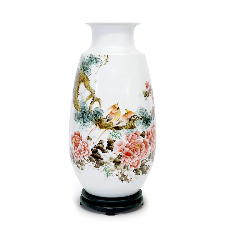 手描き花鳥デザインの陶器花瓶