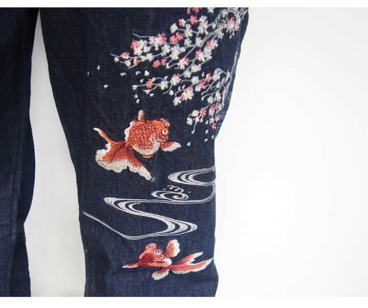 楽天市場】花旅楽団[ﾊﾅﾀﾋﾞｶﾞｸﾀﾞﾝ] 桜 金魚 刺繍 切り換え 和柄ジーンズ 
