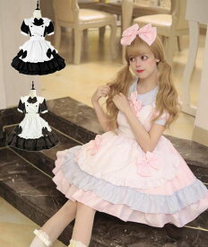 メイド服 リボン付き 配色 3色 ミモレ丈ワンピース lolita可愛い喫茶店萌え萌え 髪飾り Lolitaミモレ丈 ロリータ ワンピースメイド お姫様 ロリータドレス女性 大人 コスチューム ハロウィン 可愛い フリル裾 エプロンドレス カチューシャ付 学園祭 舞台衣装 仮装 女装