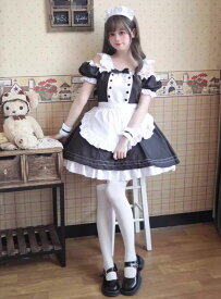 メイド服 肩漏れ セクシーミモレ丈ワンピース lolita可愛い喫茶店萌え萌え 髪飾り Lolitaミモレ丈 ロリータ ワンピースメイド お姫様 ロリータドレス女性 大人 コスチューム ハロウィン 可愛い フリル裾 エプロンドレス カチューシャ付 学園祭 舞台衣装 仮装 女装