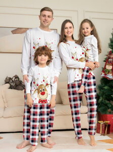 親子ペアパジャマ チエック柄パンツ クリスマスパジャマ トナカイ柄ルームウェア クリスマス衣装パジャマパジャマ カップル メンズ/レディースルームウェア ベビー 子供 ママ パパ 家族お