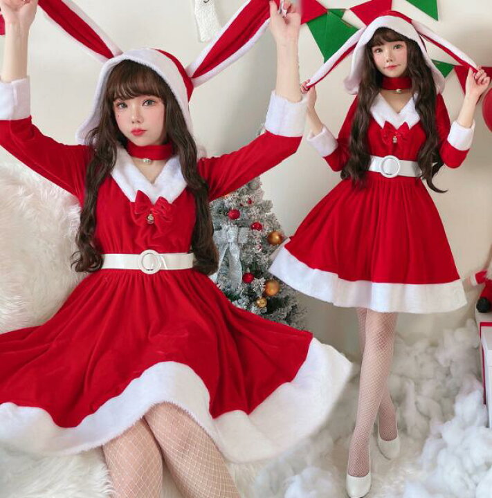 楽天市場】長袖ワンピース サンタコスプレ帽子付き クリスマスドレス 