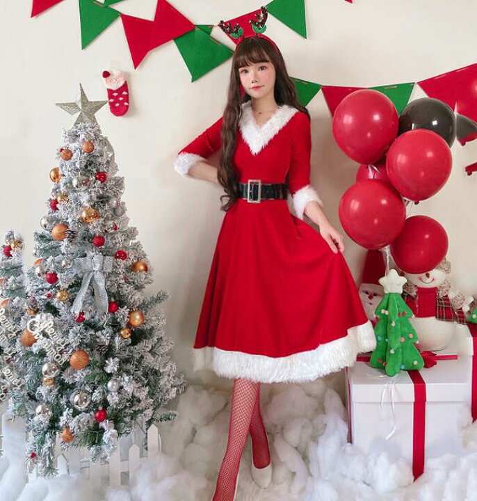 楽天市場】ロング丈ワンピース クリスマスドレス 長袖Vネック 