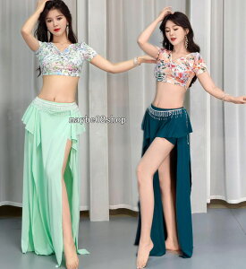 大人ベリーダンス衣装 花柄ショート丈ブラウス スリットありスカート スカート ロング丈 柔らかい 見せパンツ付きスカート 大人用ダンス衣装 エレガント スレッスン着 競技着 おしゃれダ