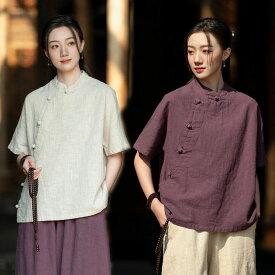 綿麻 トップス 半袖ゆったりブラウス ミドル丈 綿麻 シャツ チャイナ服 ナチュラル服 チャイナボタン レディース 夏向け チャイナブラウス リネン 苧麻 トップス ゆったり 春服 スタンドカラー 紫 ベージュ