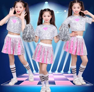 チアガール衣装 キッズジャズダンス衣装 社交ダンス衣装 スパンコール付き 女の子トップス+スカート DSモダンダンス チアダンス衣装 応援団 ジャズ ダンス 衣装 きらきら 舞台 ステージ衣装