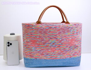 丹後与謝野町/手機工房/倉橋なをえ作品展/手織りシルク手提げバック/正絹裂き織2本手付き縦25cm×横35cm×マチ13cmsilk100% made in Japan/hand made silkbag熟練職人による日本製/手織りサークルひまわり