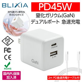 BLIXIA PD 45W 急速充電器 GaN (窒化ガリウム)採用 USB-A USB-C コンパクト 海外 100V～240V PD3.0対応 PSE認証済 折畳式 iPhone14対応 iPhone/iPad Pro/MacBook/Surface pro/Switch等USB-C対応 2mPD対応ケーブル付 安心の国内PL保険加入