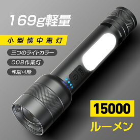 ★11/11迄限定2079円＆5倍P★【162g軽量】懐中電灯 小型 15000ルーメン 白/青/赤色のCOB作業灯付き ハンディライト 9モード調光 大容量 USB充電式 IPX6防水 LED 高輝度 フラッシュライト アルミニウム合金 耐衝撃2M 夜釣り 作業用 防災 地震 夜釣り用 キャンプ