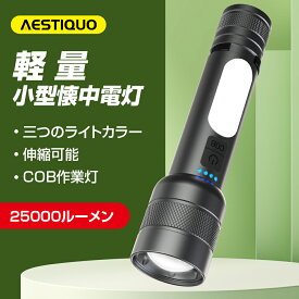 ★11/12迄限定301円OFF★懐中電灯 強力 25000ルーメン 9モード調光 COB作業灯付き 大容量 USB充電式 IPX6防水 LED ハンディライト 高輝度 フラッシュライト ズーム式 アルミニウム合金 耐衝撃2M 残量表示機能 自転車 登山 作業用 停電 防災 地震