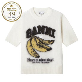 【アウトレット】ガニー GANNI クルーネック半袖ニット ホワイト レディース a1070093 135 egret BRUSHED ALPACA GRAPHIC T-SHIRT 半袖ニット バナナ ロゴ アルパカ混【返品送料無料】[2026SS]