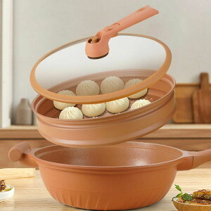 陶土 くっつかない フライパン 高熱効率 炒め鍋 焦げ付かないフライパン 陶土フライパン 天然陶土の微圧速煮込み 32cm 蓋付き せいろ付き 圧力鍋 直火 ガス火対応 IH対応 オール熱源対応 熱ム