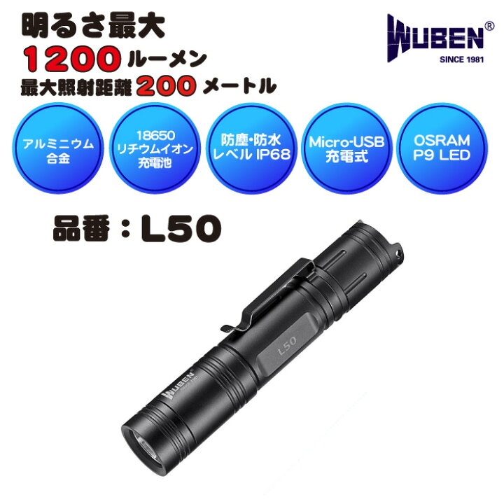 楽天市場】【25%OFFクーポン・10/26~10/31期間限定】WUBEN フラッシュライト 専門店 ランキング1位 L50 1200LM 充電式 防水 防塵 強力 明るいハンディライト 18650リチウムイオン充電池 懐中電灯 LED 防災 防犯 【PSE認証済電池付き】 : WUBEN指定専門店 ライズショップ 楽天市場】【25%OFFクーポン・10/26~10/31期間限定】WUBEN フラッシュライト 専門店 ランキング1位 L50 1200LM 充電式 防水 防塵 強力 明るいハンディライト 18650リチウムイオン充電池 懐中電灯 LED 防災 防犯 【PSE認証済電池付き】 : WUBEN指定専門店 ライズショップ