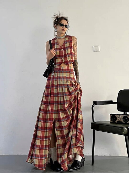 楽天市場】【セットアップ】チェック柄 ベスト＋ロングスカート ジレ  