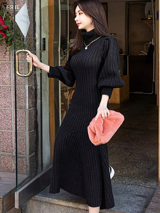 楽天市場】【ベルト付き】ハイネック ニットワンピース ランタン  