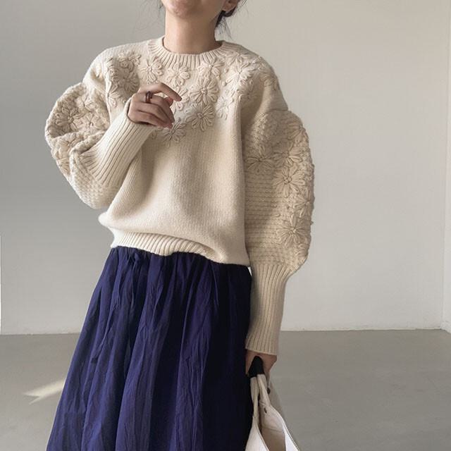 楽天市場】立体刺繍フラワーニットセーター 花刺繍 ニット セーター