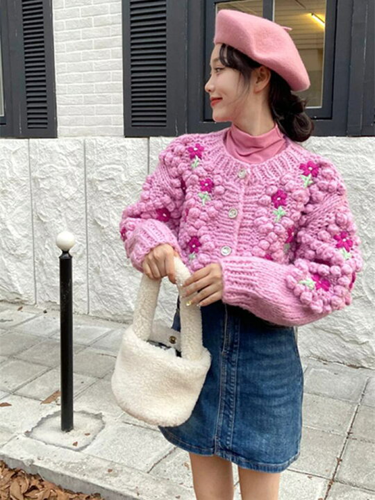 楽天市場】立体刺繍フラワーニットカーディガン セーター カーディガン  