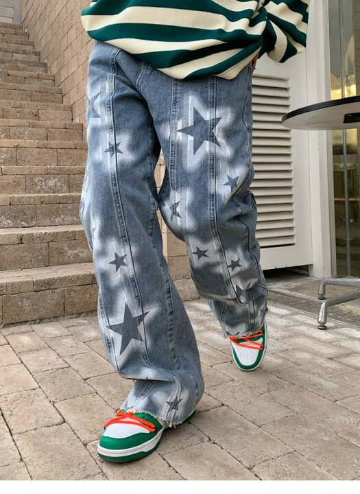 楽天市場】スタープリントストレートジーンズ ストレート デニム 