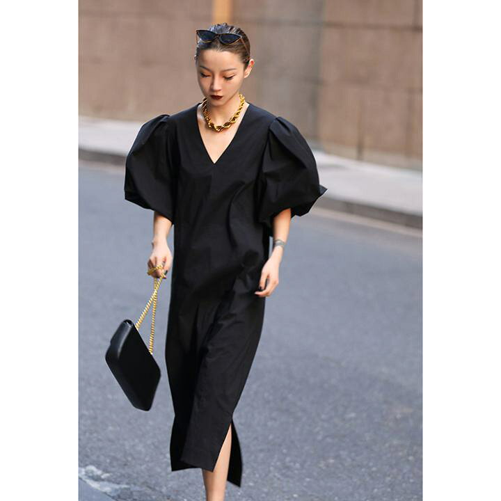 楽天市場】Vネックパフスリーブワンピース ブラックワンピース ドレス  