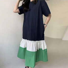 配色半袖ワンピース コントラストカラー 半袖. ワンピース ドレス Tシャツワンピース ドッキングワンピース レディース ティアードワンピース お仕事コーデ ママコーデ 2カラー C172