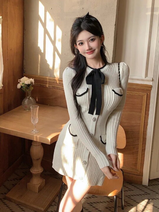 楽天市場】ビジューリボンニットワンピース ビックリボン ニット  