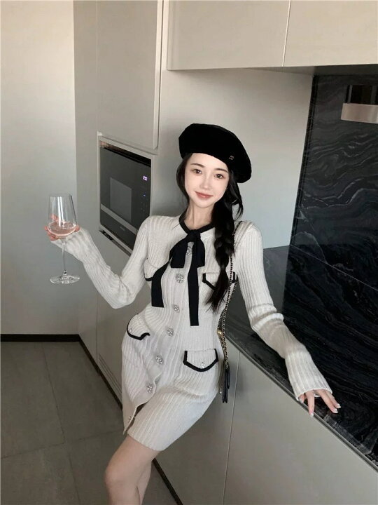 楽天市場】ビジューリボンニットワンピース ビックリボン ニット  