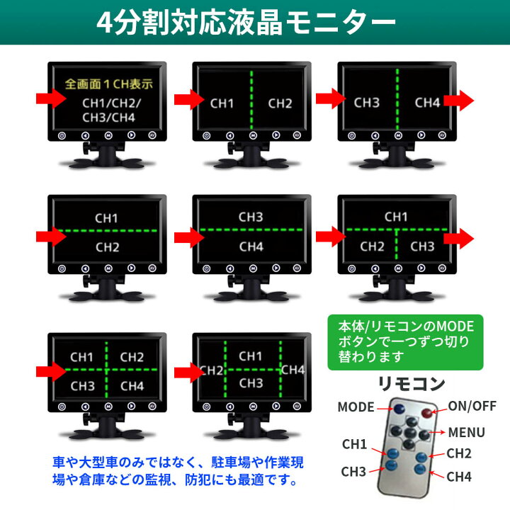 楽天市場】4分割7インチモニター＆カメラセット 液晶モニター 車載 