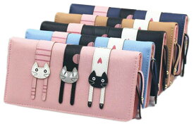 レディース 長財布 可愛い 猫 PUレザー 二つ折り クラッチバッグ 長財布 大容量 カードがたくさん入る　5色選択可