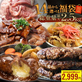 \クーポンで半額2,999円/【大好評につき予約受付中】【 14品から選べる最大2.5kg 】 選べる 福袋 ハンバーグ 確定 福袋 2026 訳あり 肉 食品 はしっこ豚 牛丼 豚肉 はしっこ 焼肉 チーズインハンバーグ おつまみ 訳あり 選べる福袋 冷凍食品 冷凍 時短 惣菜 フードロス 0108