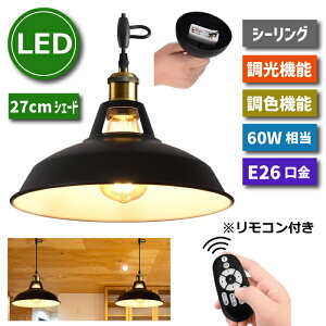 ペンダントライト 引掛シーリング E26口金 直径27cm LED電球付き 60W形相当 調光 調色 シーリングライト おしゃれ 照明器具 天井 北欧風 エジソン電球 リモコン付き 6W 省エネ コード付き 60cm 調