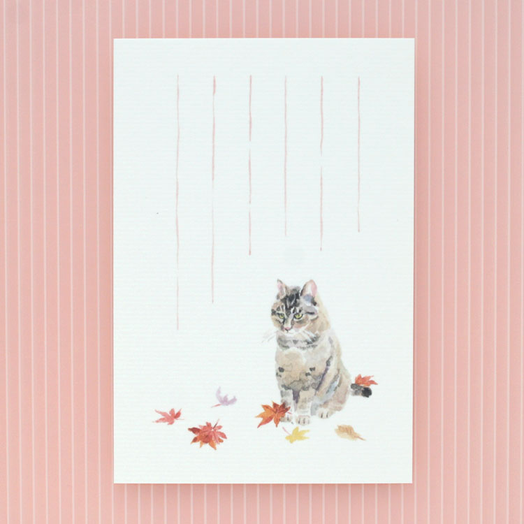 和紙の絵葉書 落ち葉 イラスト ポストカード季節の絵はがき［秋］猫ともみじ 和紙の店 めでたや 