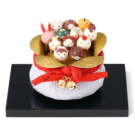 【送料無料】和紙の干支飾り お正月 置物 縁起物十二支 巾着 黒塗り台付