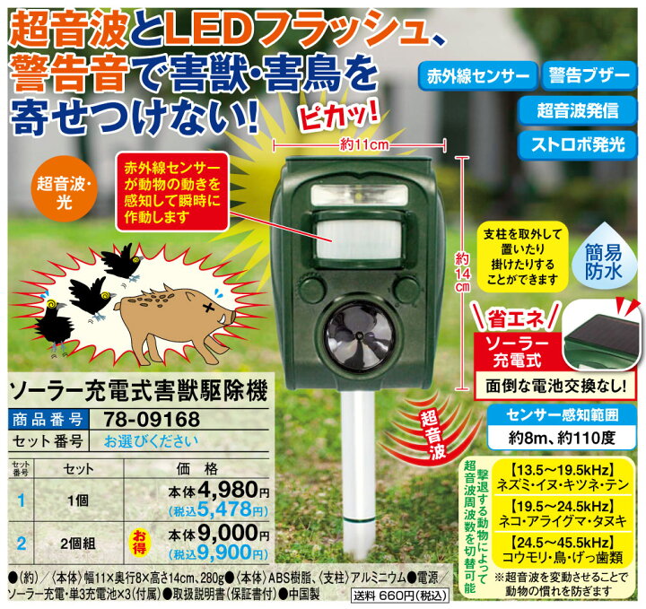 楽天市場 ソーラー充電式害獣駆除機 2個組 はぴねすくらぶ 楽天市場支店