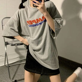 トップス Tシャツ プルオーバー レディース 春夏 カジュアル 半袖 オーバーサイズ 五分袖 ラウンドネック 襟なし BIGシルエット 色展開 グレー ワンサイズ ゆったり かわいい 大人可愛い きれいめ シンプル カジュアル おしゃれ ナチュラル リラックス 英字プリント コーデ