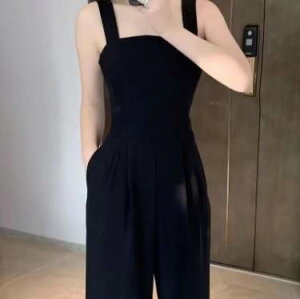 【P2倍&クーポン有】オールインワン サロペット レディース ノースリーブ 春 夏 ロング丈 袖なし スクエアネック 襟なし Iライン ポケット ハイウエスト 肩だし ブラック 黒 無地 S M L XL バイ