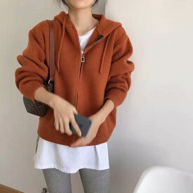 【P2倍&クーポン有】長袖 フード カーディガン トップス レディース ニット パーカー 個性的 春 秋 ミディアム丈 ファスナー 羽織り 前開き 伸縮性 カラバリあり ブラック グレー ブルー オレンジ 無地 サイズ豊富 S M L XL LL ゆったり 厚手 学校 職場 重ね着しやすい