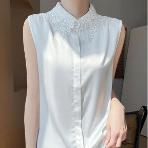 レディース ノースリーブ シャツ 夏 裾イン 袖なし 腕出し 襟付き 刺繍襟 すっきり 肩だし 肌みせ 刺繍 ツヤ感 パール カラバリあり ブラック 黒 ホワイト 白 ベージュ 無地 サイズ豊富 M L XL L