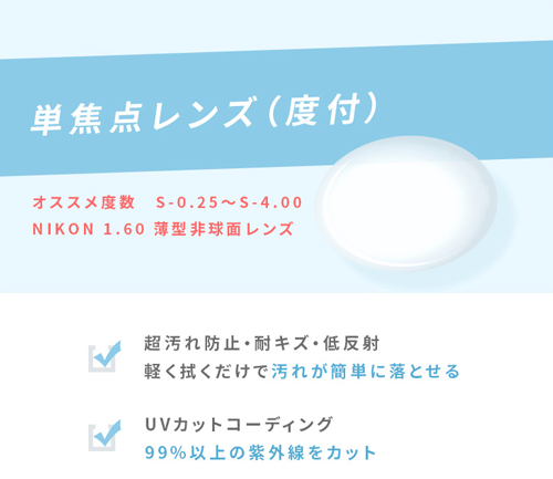 単焦点レンズ(度付) NIKON 1.60 薄型非球面レンズ［オススメ度数 S-0.25〜S-4.00］
