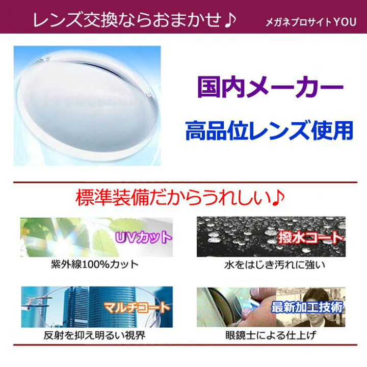 楽天市場 持ち込みフレームのレンズ交換 おまかせ 度入り 眼鏡レンズ 無色 2枚1組 Uvカット マルチコートつき メガネプロサイトｙｏｕ